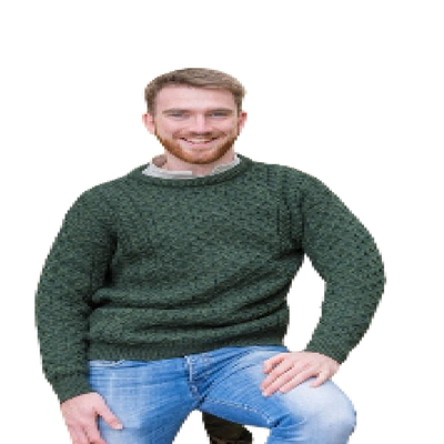 Men's Aran Wool Sweater Pine Green Honeycomb Herringbone Stitched Irish Gift
