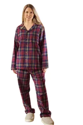 Women's Flannel Pyjamas 100% Cotton Long Sleeve Maroon Navy Check Ladies Gift