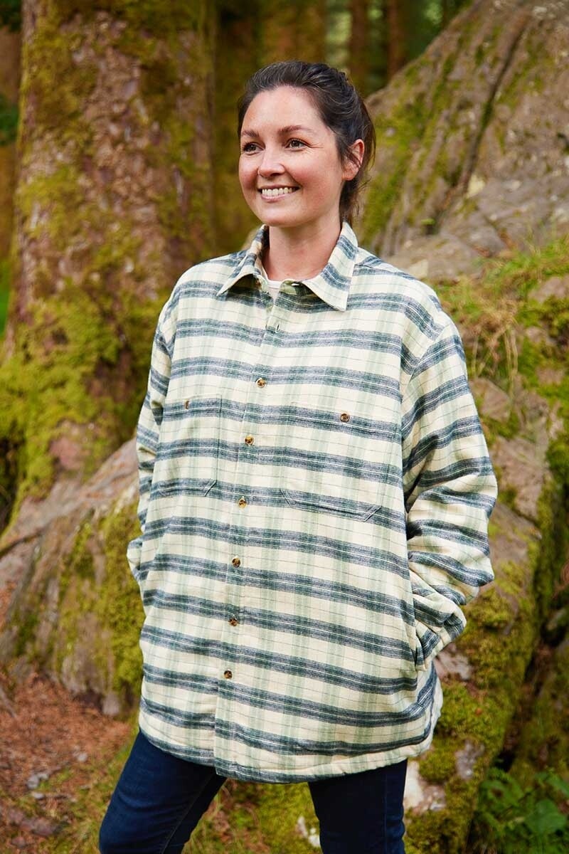 Ladies Fleece Lined Shirt Collar Loose Fitting Ecru Green Navy Check Irish