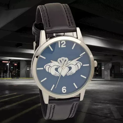 Claddagh Embossed Dial Wrist Watch With Black Strap - Low Nickel