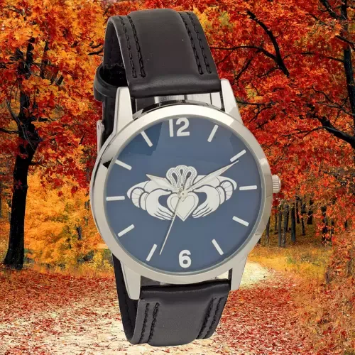 Claddagh Embossed Dial Wrist Watch With Black Strap - Low Nickel