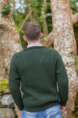 Men's Aran Wool Sweater Pine Green Honeycomb Herringbone Stitched Irish Gift
