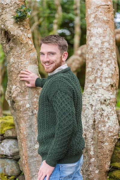 Men's Aran Wool Sweater Pine Green Honeycomb Herringbone Stitched Irish Gift