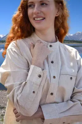 Women's Grandad Shirt Long Sleeve Collarless Linen Natural Beige Irish