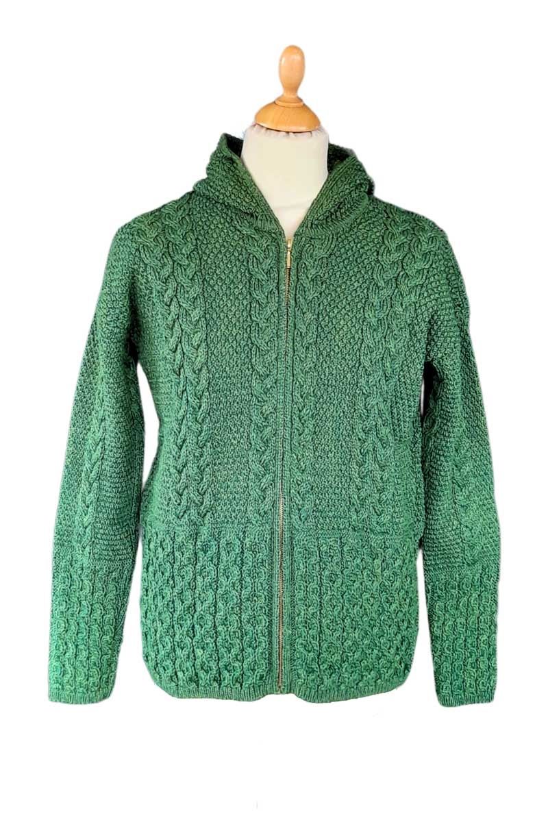 Women's Hooded Kerry Aran Cardigan - Green Marl
