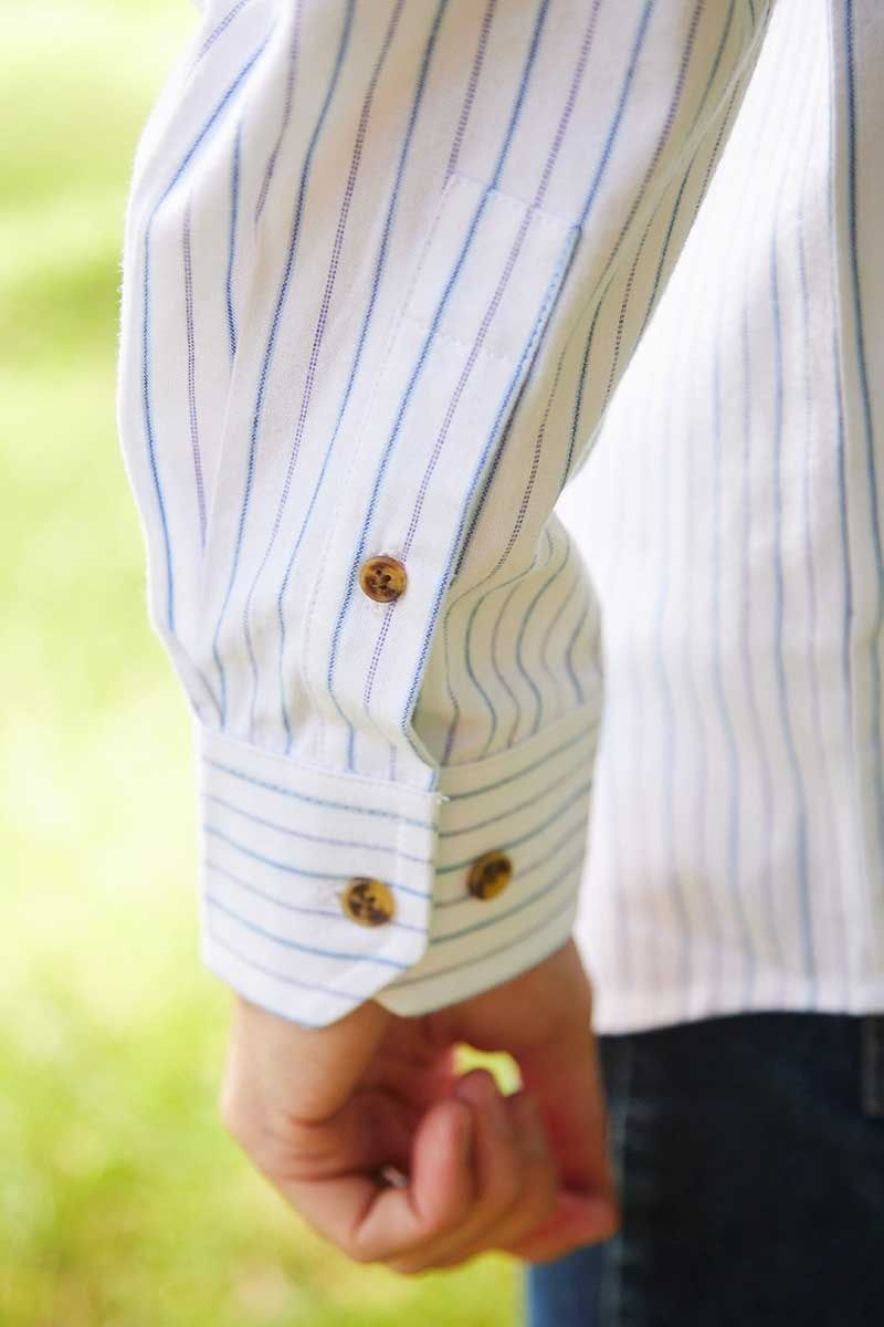 Vintage Cotton Grandfather Shirt in Blue Stripe on White
