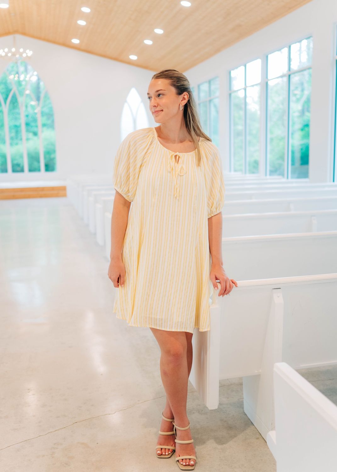TEXTURED STRIPE FLARE MINI DRESS WITH NECK BOW TIE