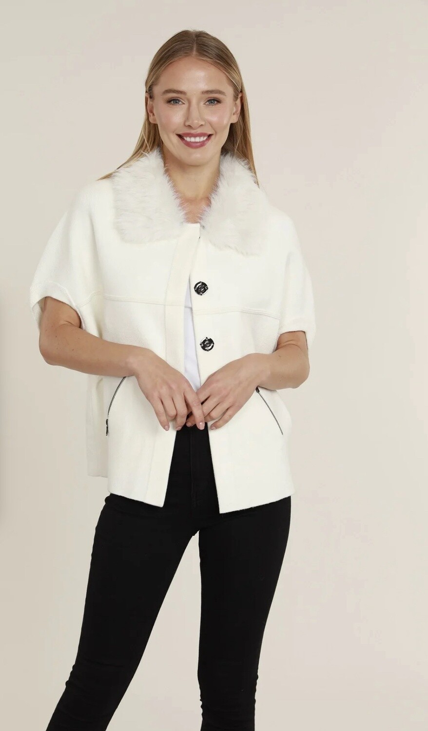 Faux Fur Collar Short Sleeve Cardigan