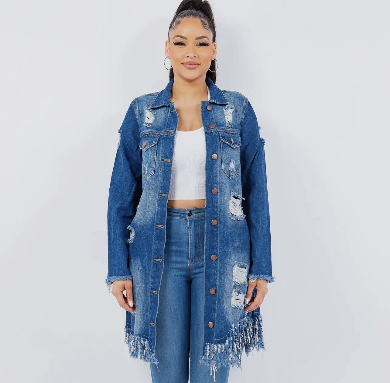 Distressed Long Length Denim Jacket