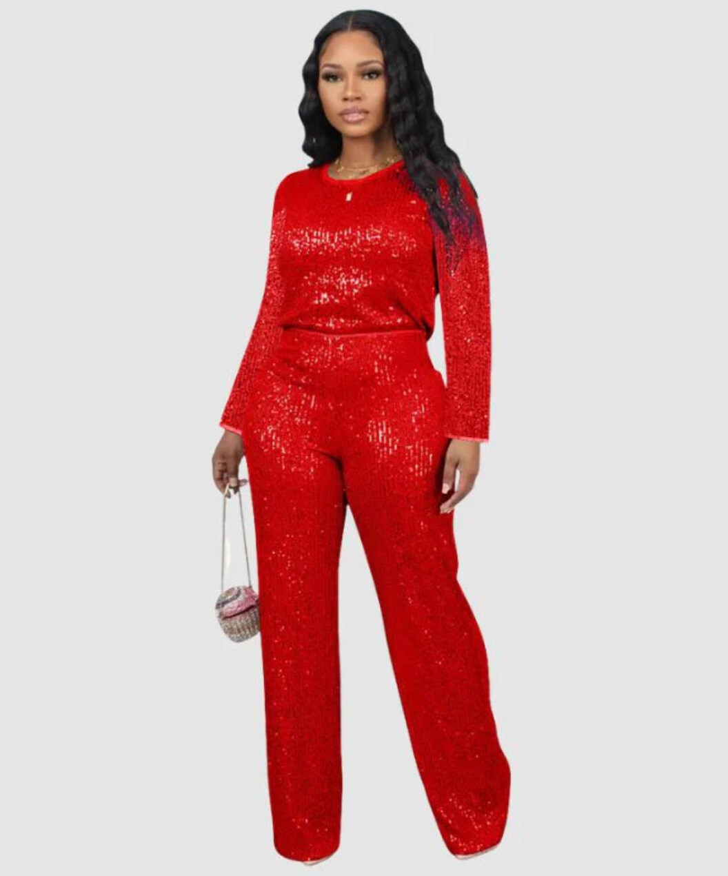 Casual Sequins Red Pant Set