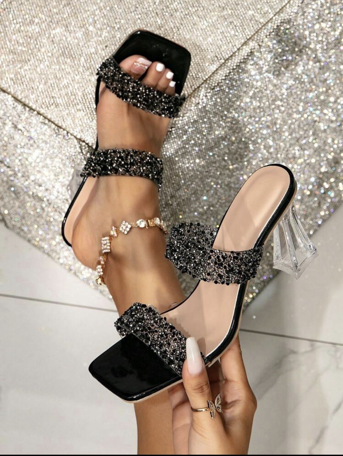 Open Toe Crystal Heel