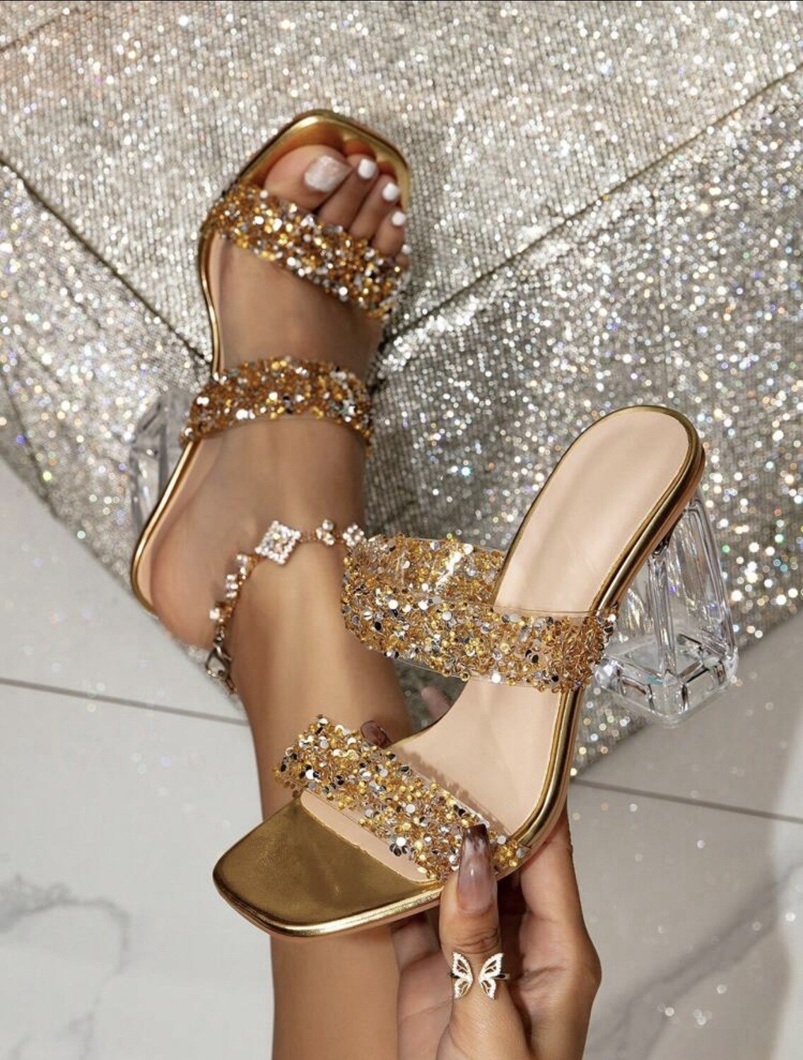 Shiny Gold Open Toe Mule