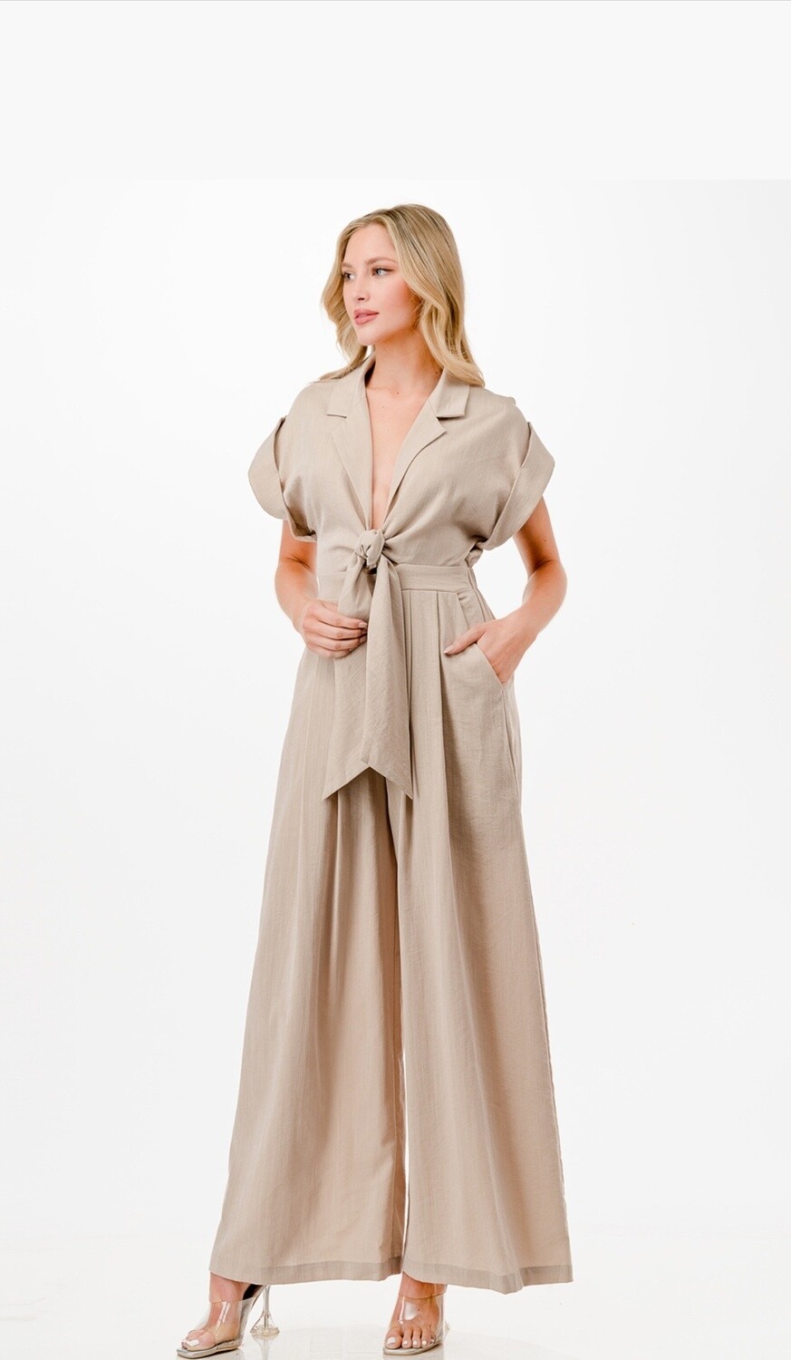 Front Tie Shirt Collar Jumpsuit
