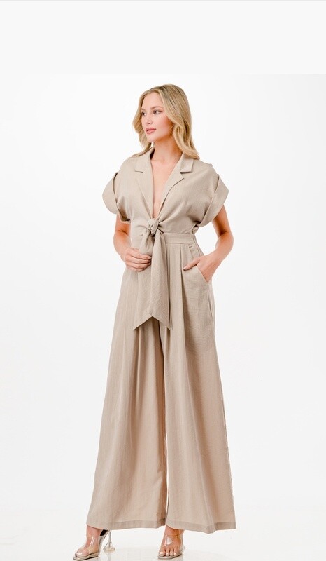 Front Tie Shirt Collar Jumpsuit