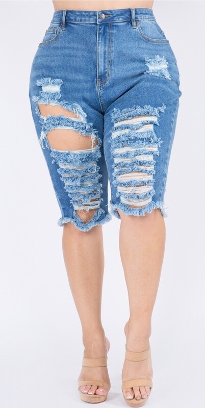 Plus Size High Waist Distressed Denim Shorts
