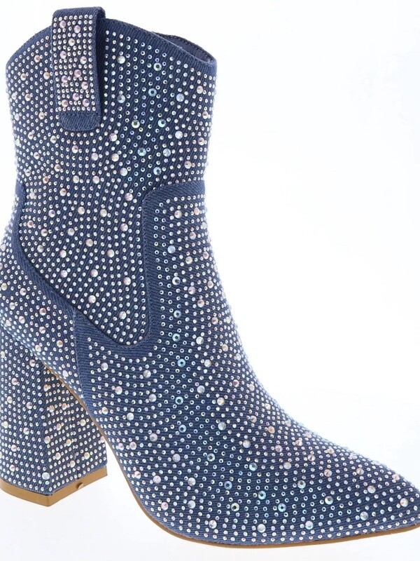 Dazzling Rhinestone Denim Western Booties