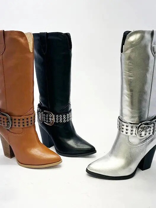 Stacked Studded Buckle Strap Western Boots