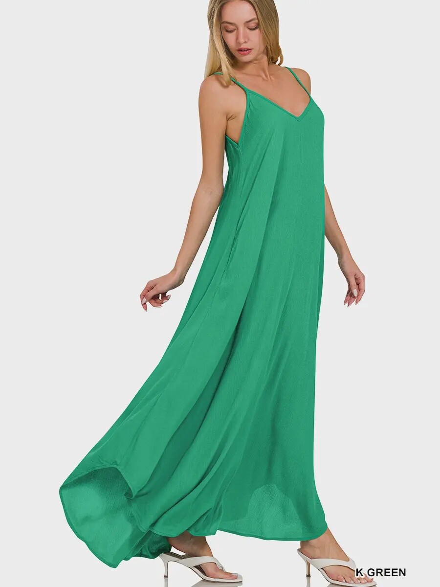 Woven Crinkle V-Neck Cami Maxi Dress w/ Side Pocket