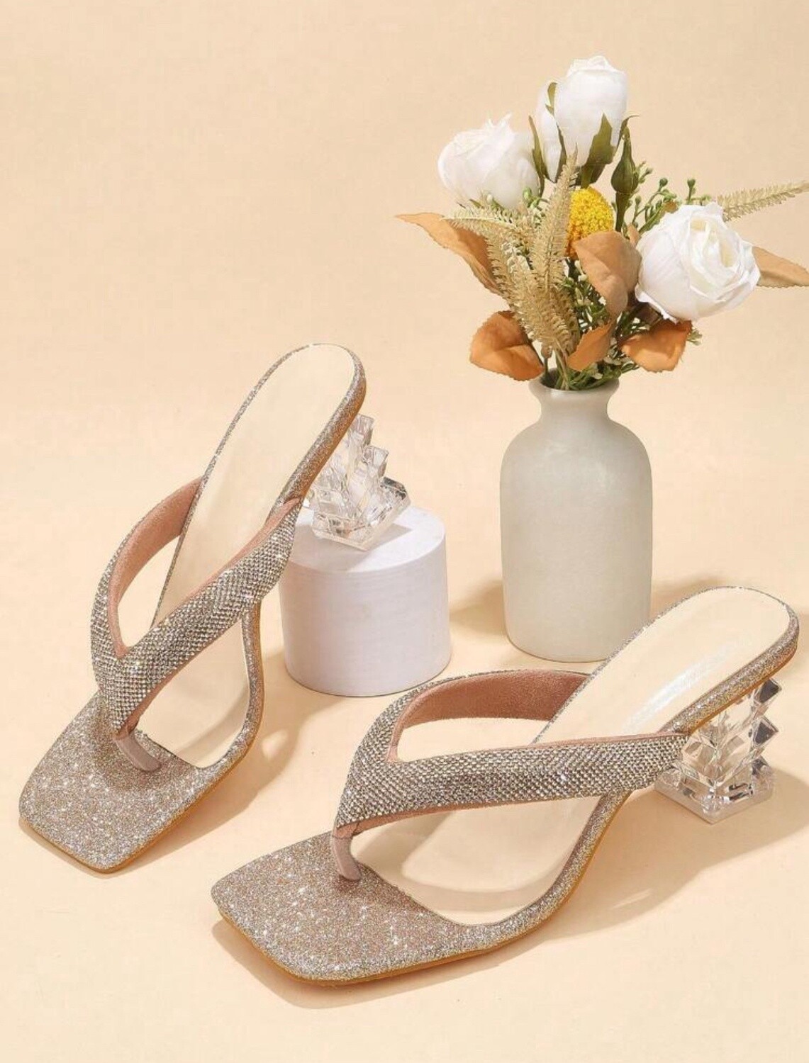 Rhinestone Decor Heeled Thong Sandal