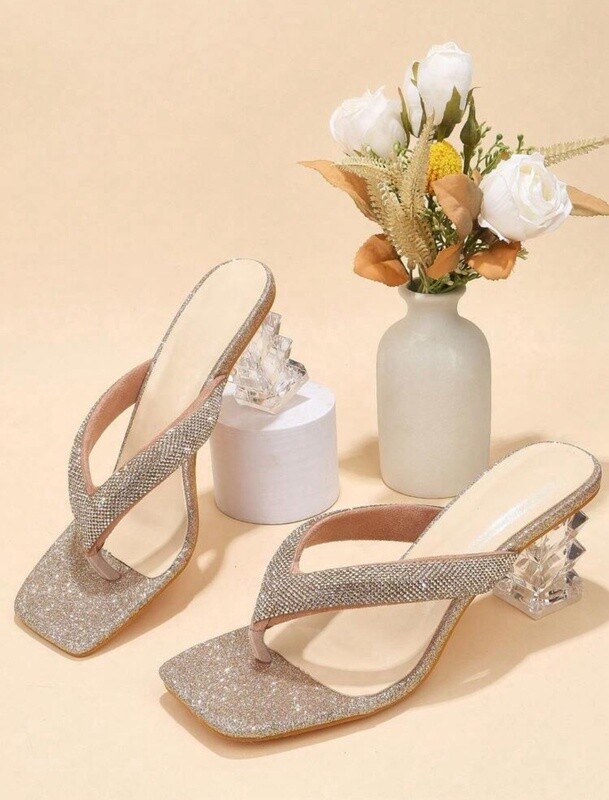 Rhinestone Decor Heeled Thong Sandal