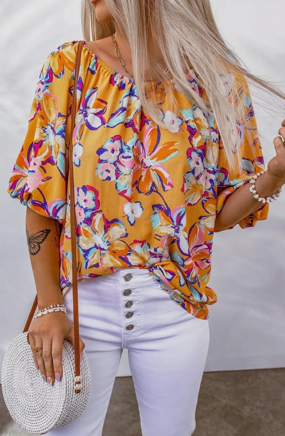 Yellow Floral Print Elastic Neckline Blouse