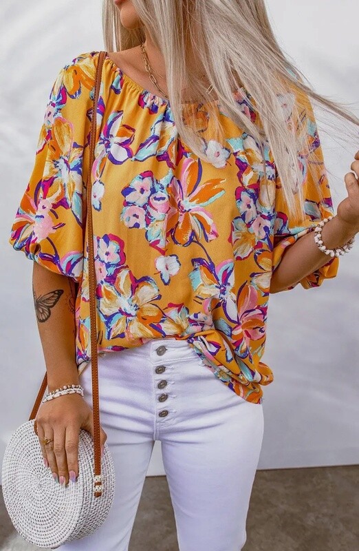 Yellow Floral Print Elastic Neckline Blouse
