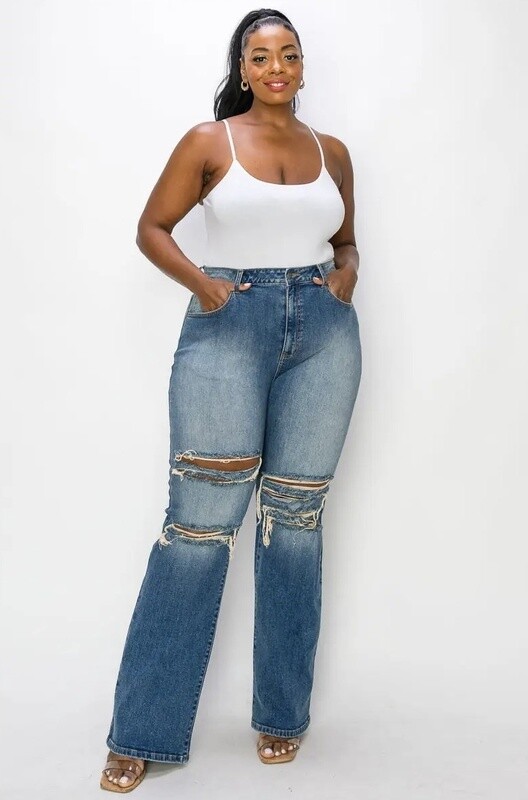 Plus Distressed Vintage Wash Straight Leg Jeans