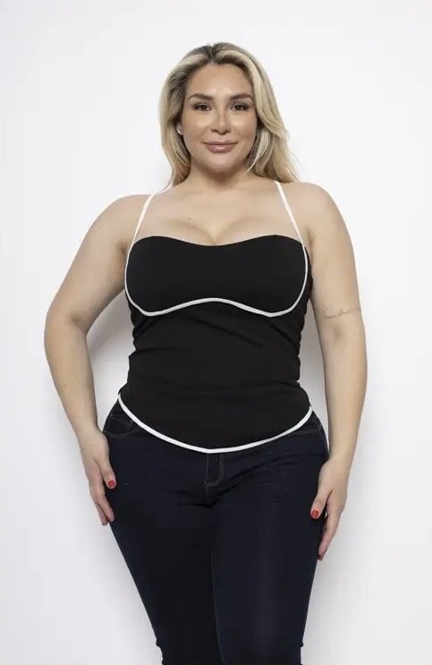 Plus Size Contrast Binding Trim Detail Fitted Tank Top
