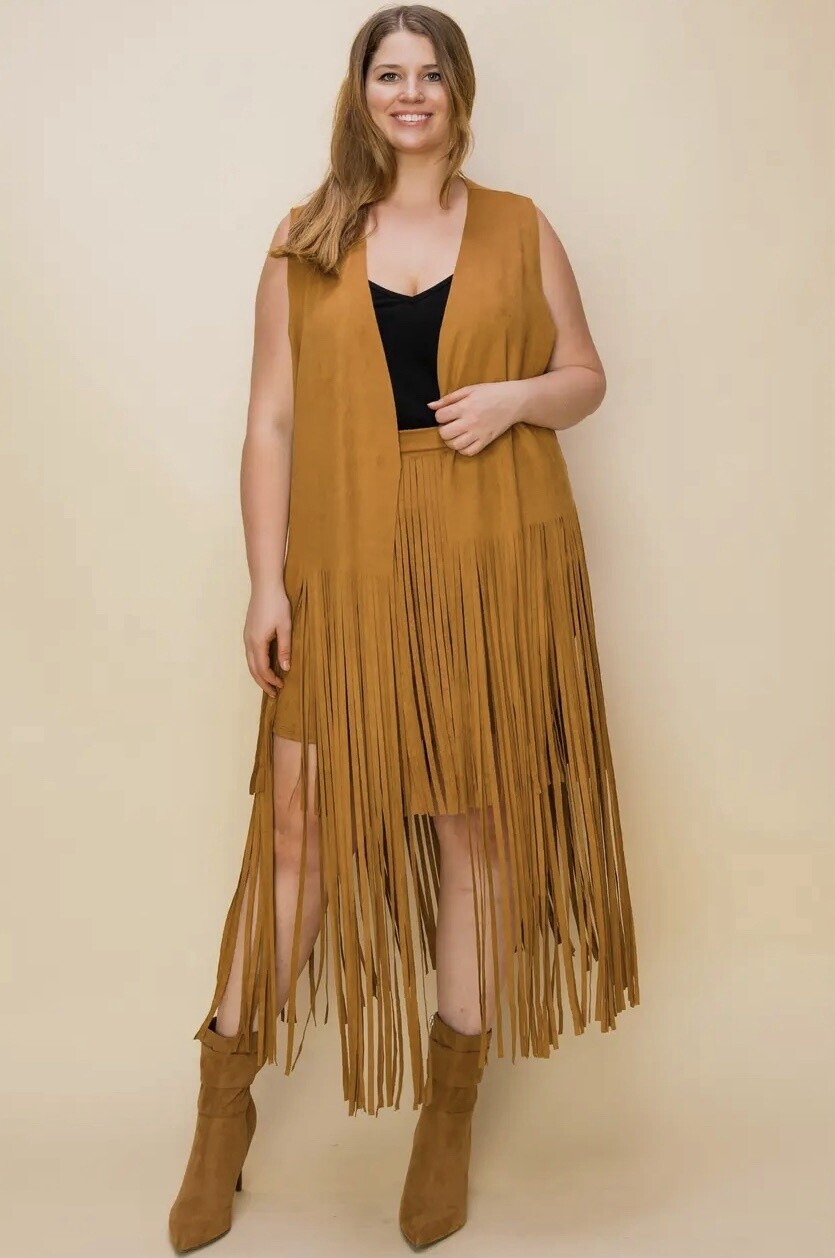 Suede Cowgirl Long Fringe Sleeveless Cardigan