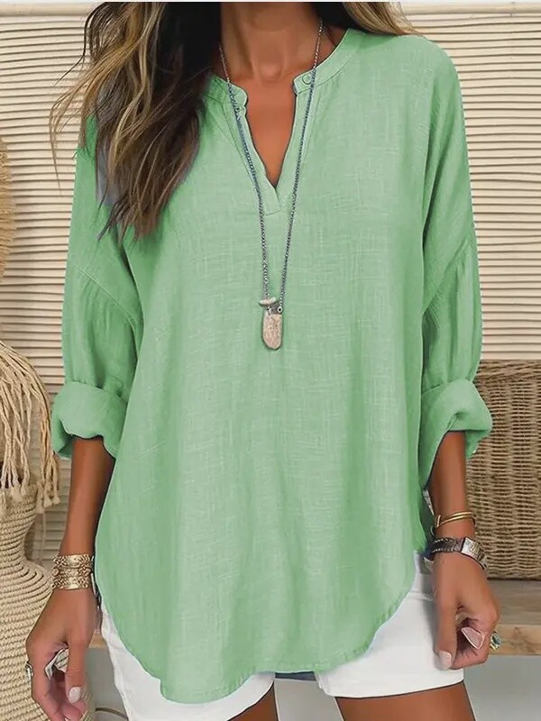 Blouse Linen Long Sleeve Casual V Neck Top