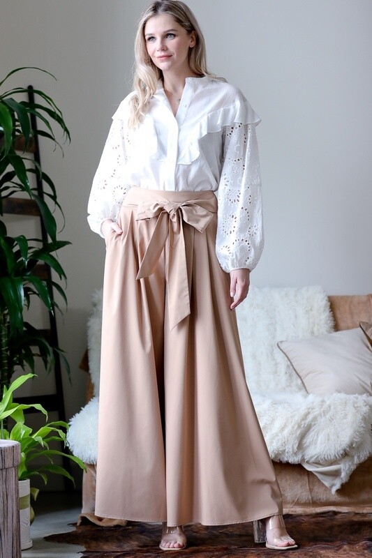 Waist smocking w/front knob wide pants