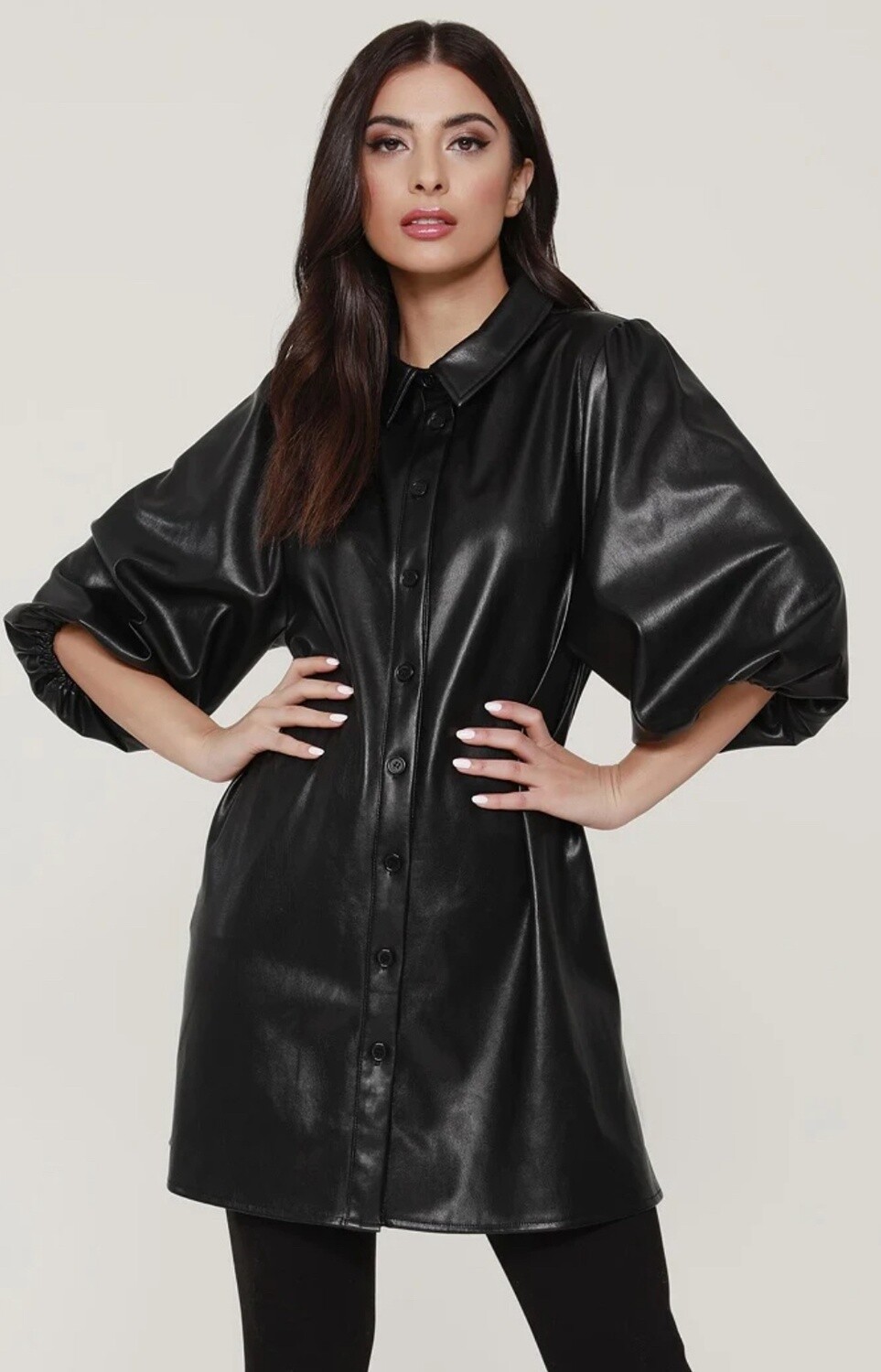 Classic Faux Leather Dress with Puff Sleeves