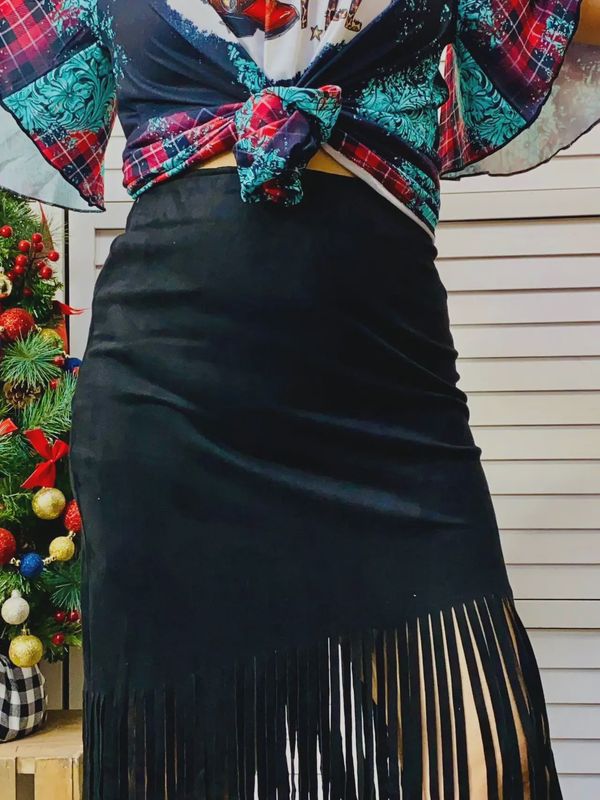 Black Fringe Trim Asymetrical Hem Faux Suede Skirt