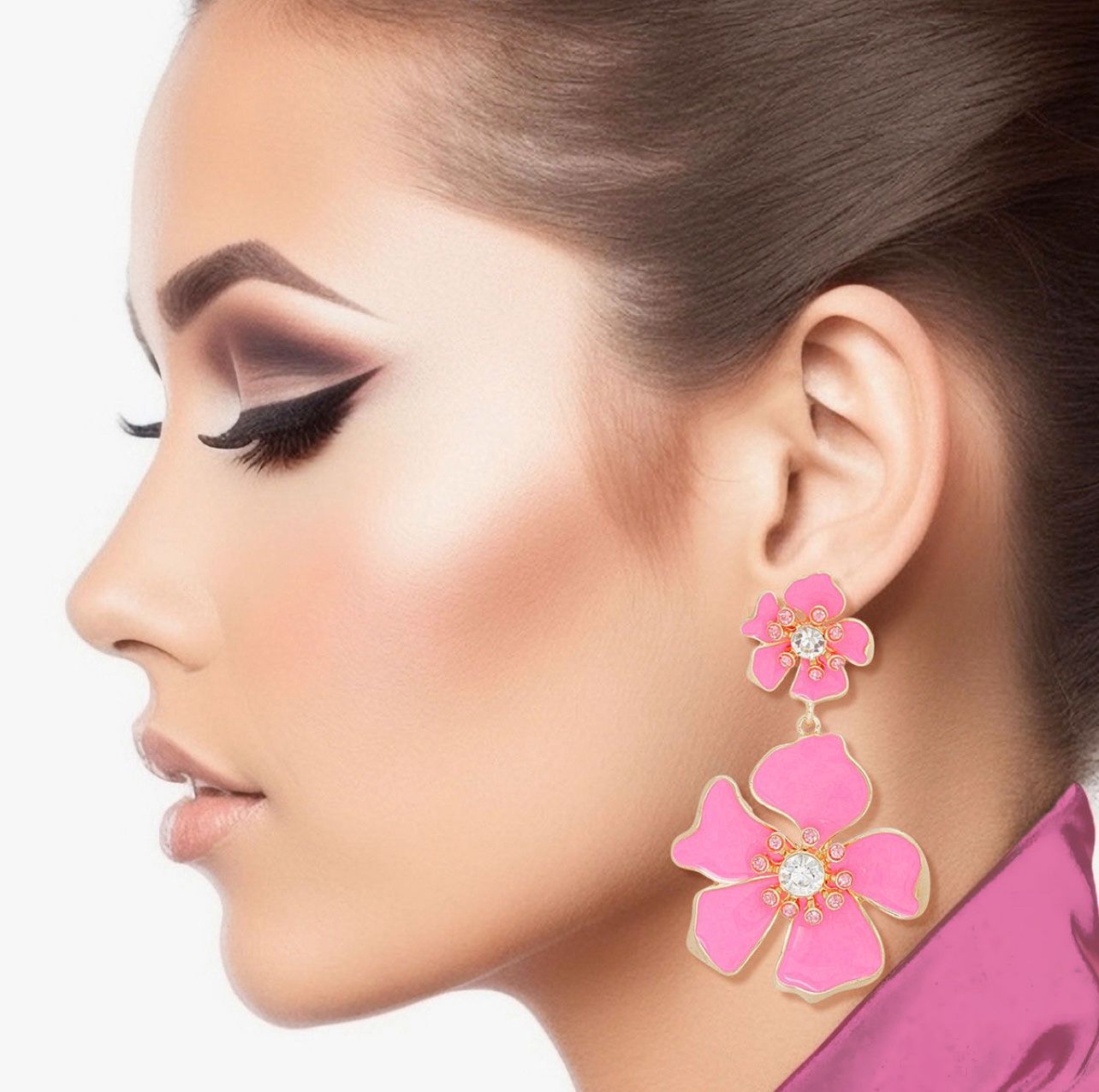 Drop Pink Gold Tropical Flower Earrings