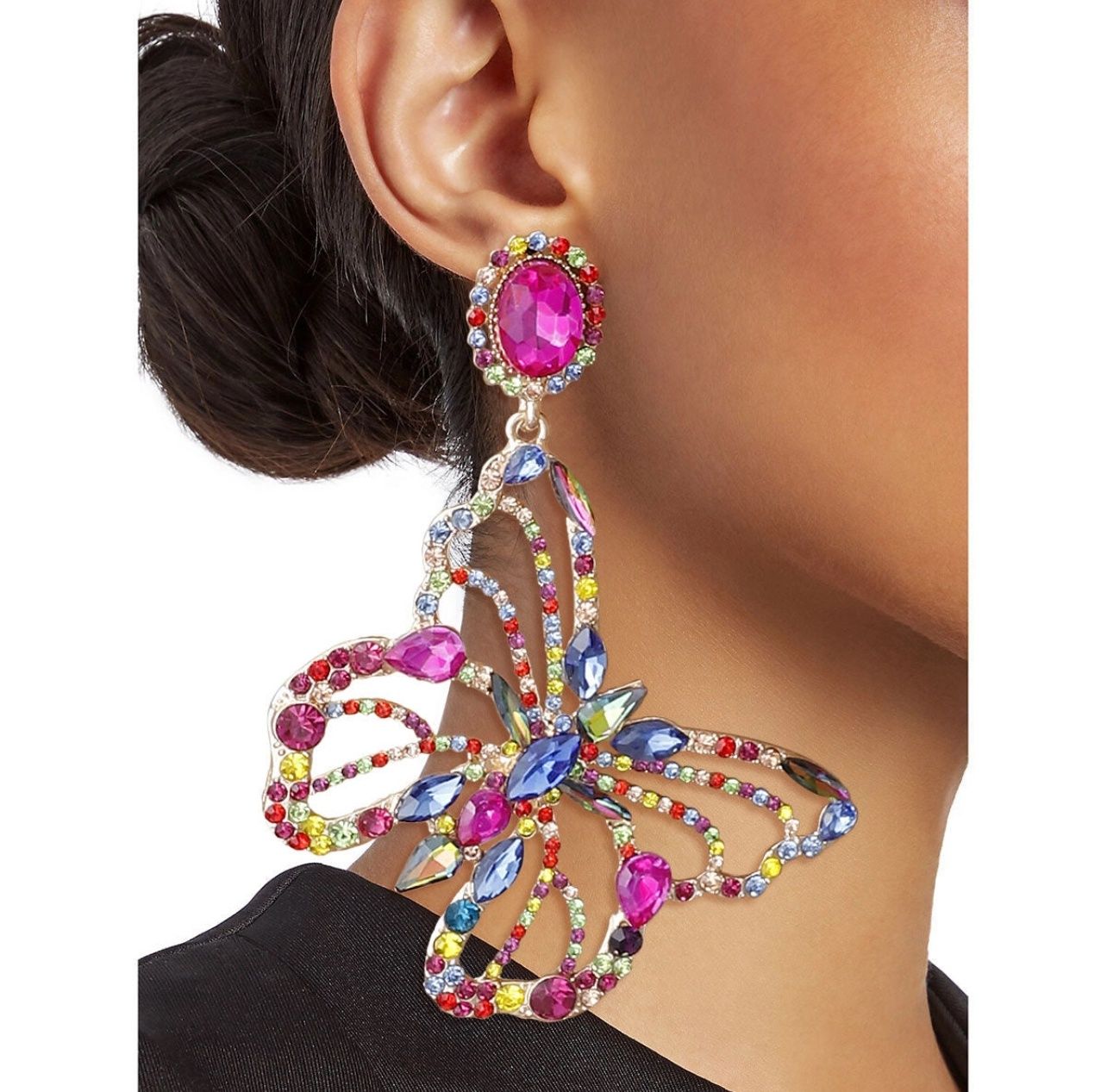 X-Large Multi Rhinestone Butterfly Earrings