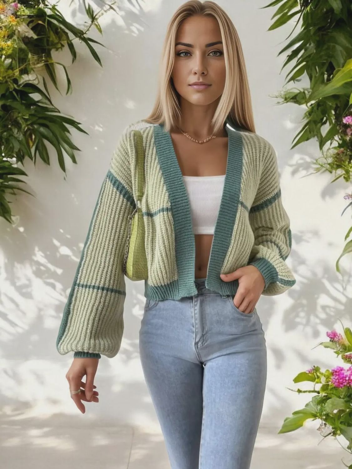 Plaid Knit Cardigan with Balloon Sleeves