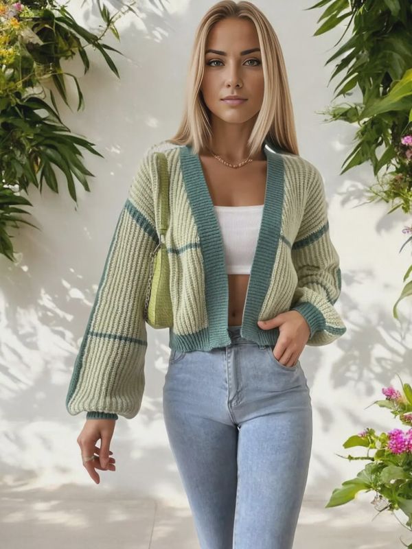 Plaid Knit Cardigan with Balloon Sleeves