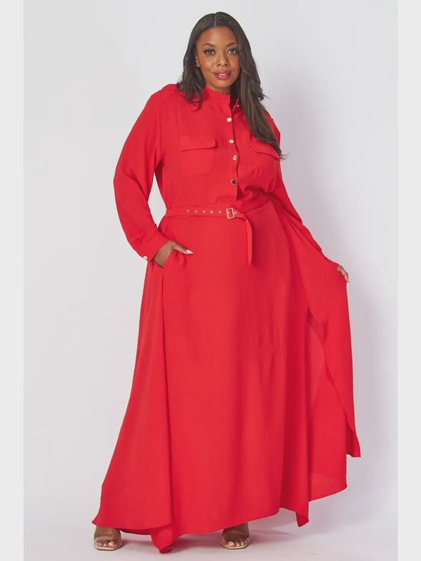 Half Botton Dress With Belt