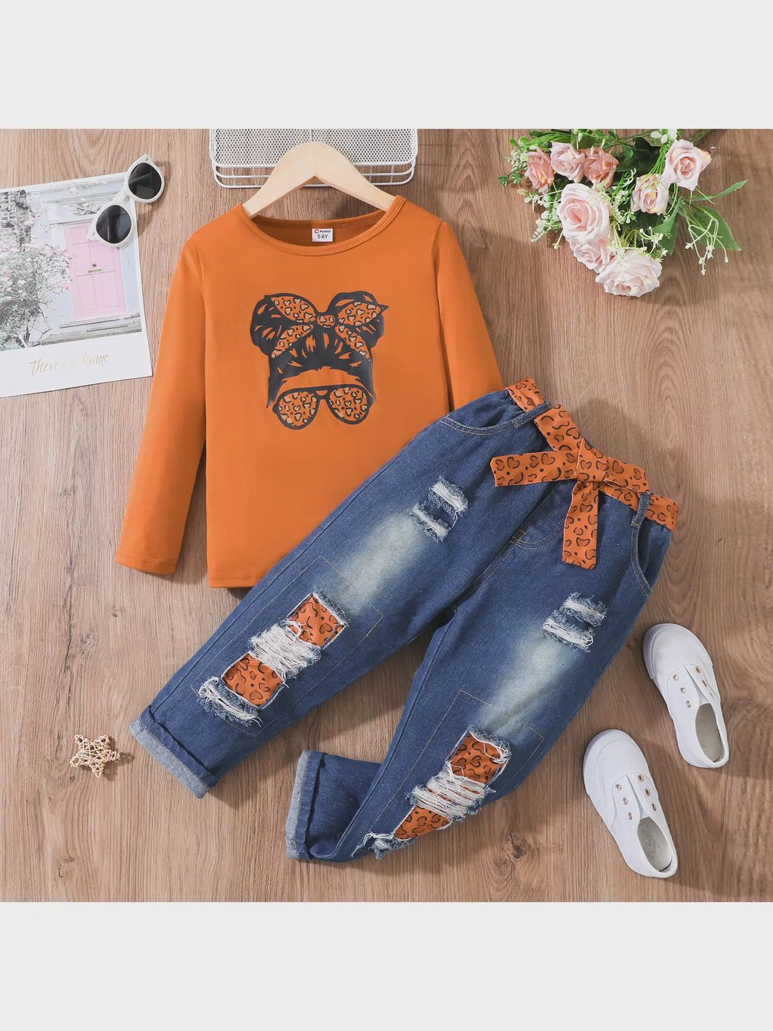 2pcs Kid Girl Ripped Denim Jeans Set