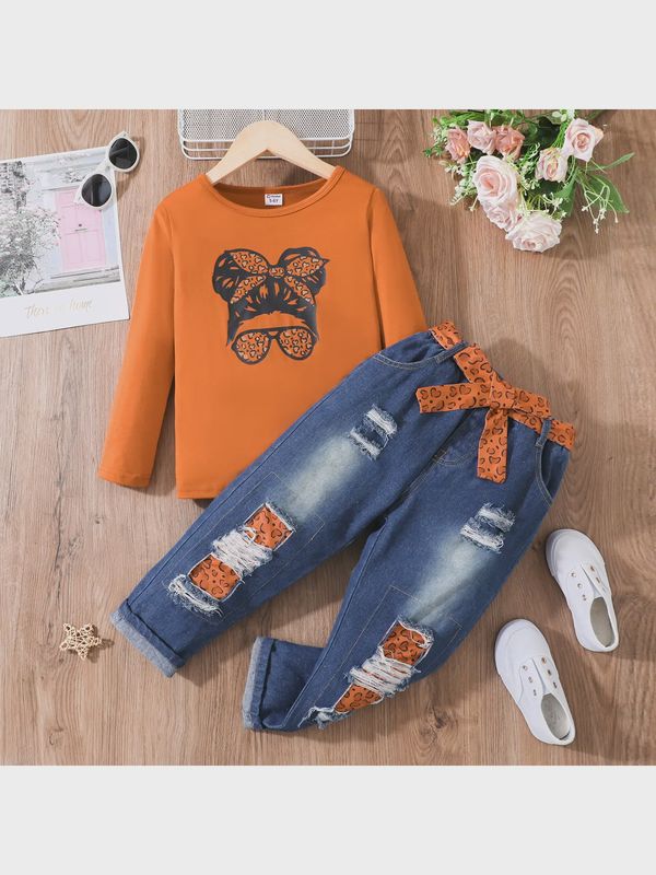 2pcs Kid Girl Ripped Denim Jeans Set