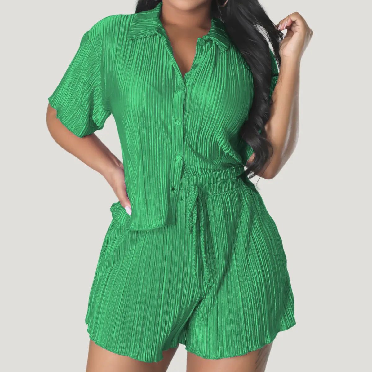 Trendy Crinkled Button-Up Short Sleeve Top and Shorts Set