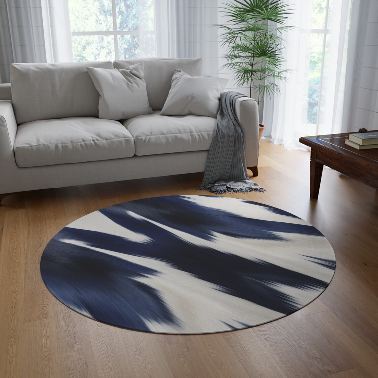 Azure Blue Cowhide Print Round Rug 60&quot; × 60&quot; (152cm × 152cm)
