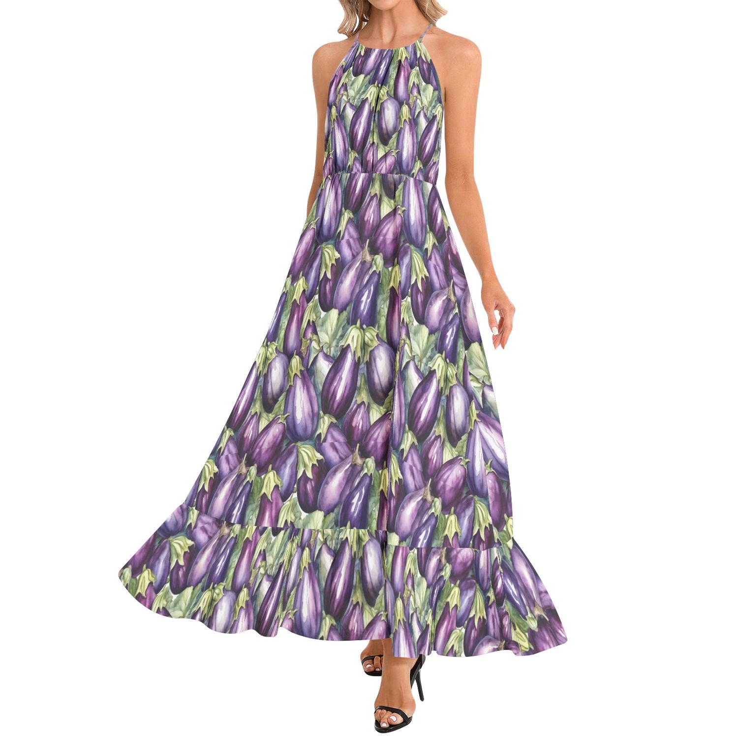 Berejenn (eggplant) -Long Floral Print Ruffle Hem Halter Neck Sleeveless Boho Maxi Dress