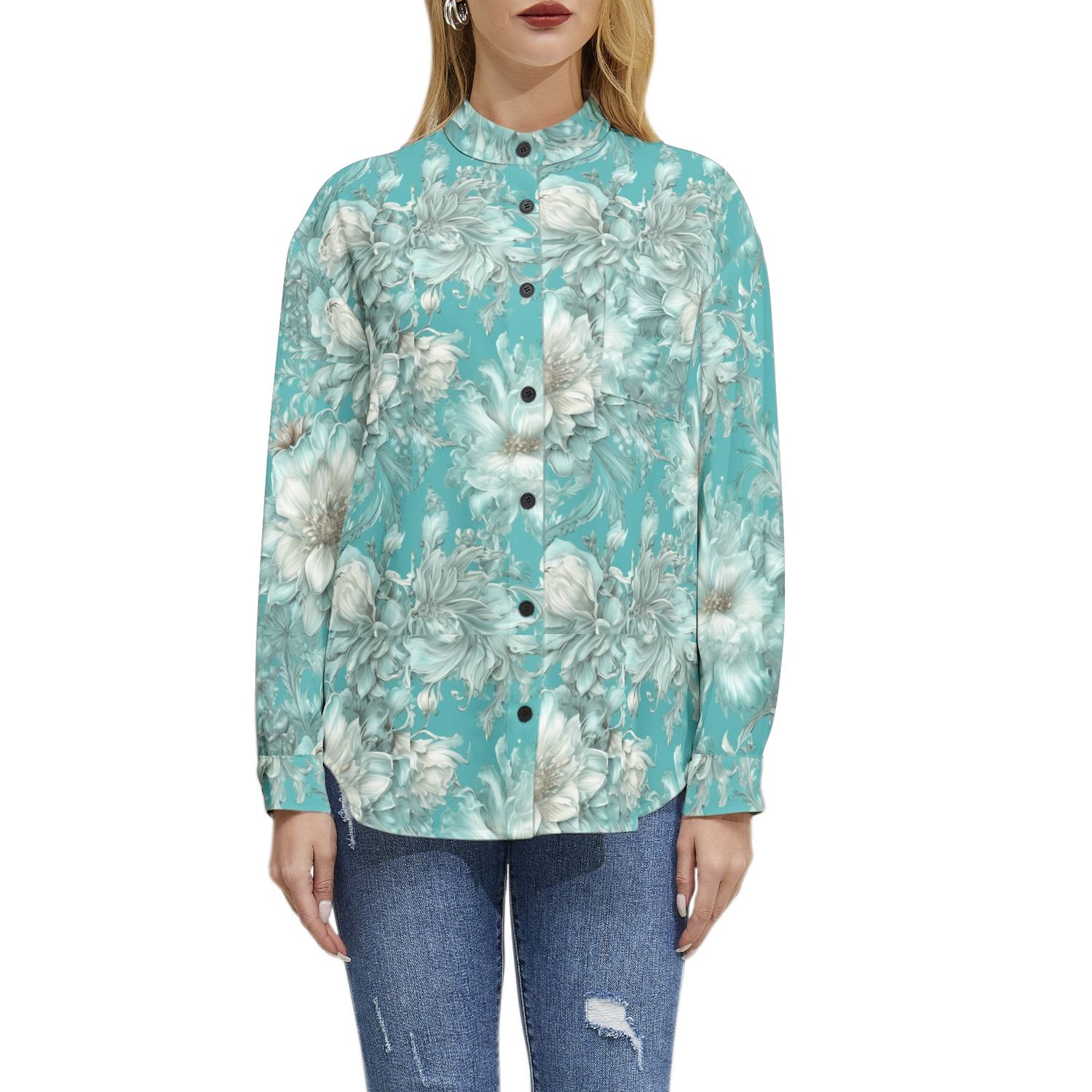 Teal Floral Women&#39;s Chiffon Shirt