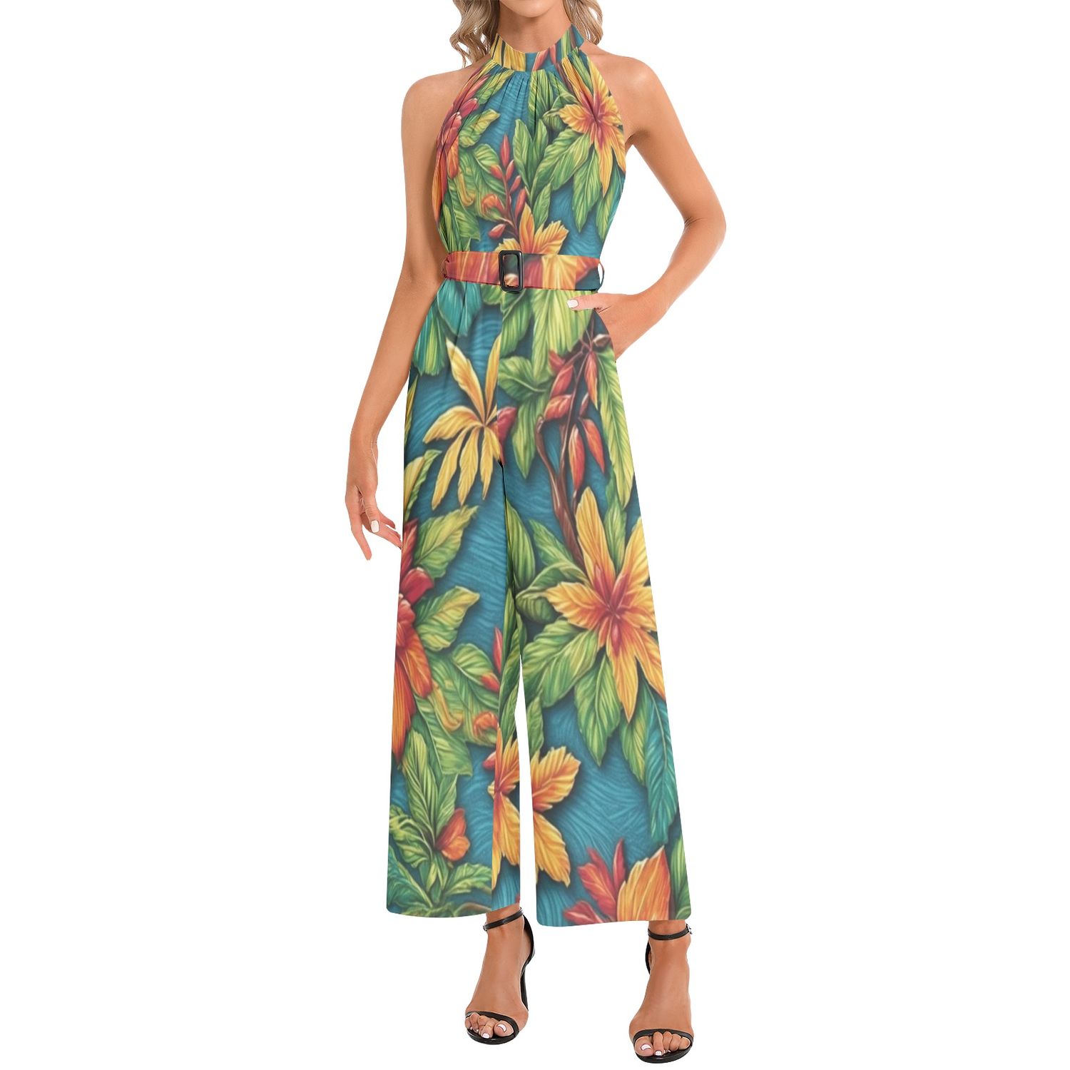 TWOPIKAL - Halter Neck Buckle Belted Jumpsuit