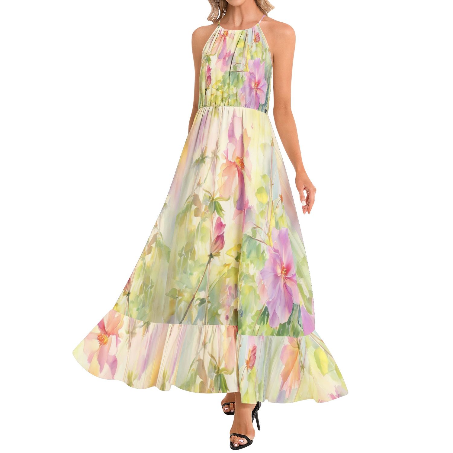 Beautifield -Long Floral Print Ruffle Hem Halter Neck Sleeveless Boho Maxi Dress
