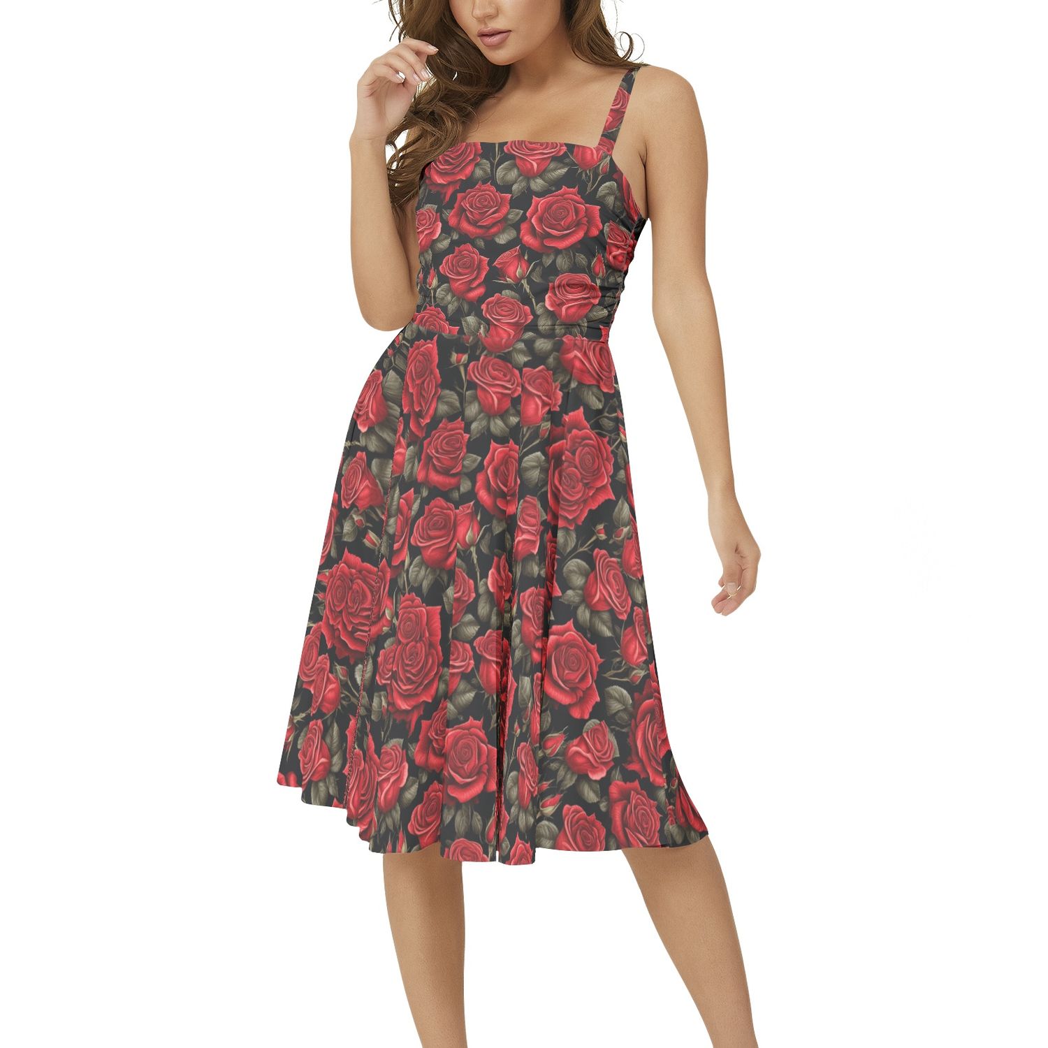 Rose Sleeveless Square Neck Flare Hem Midi Dress