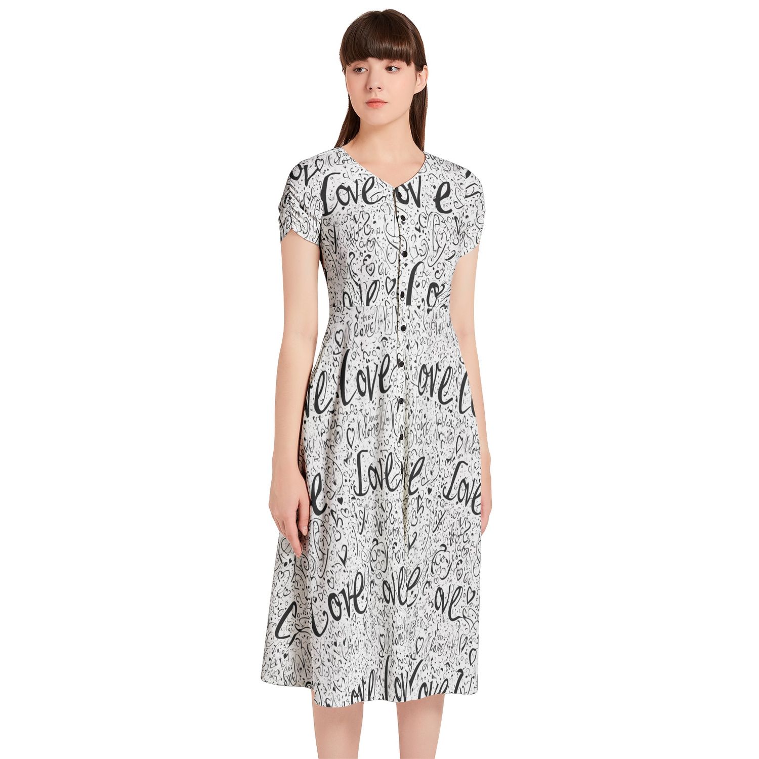 LOVE -Puff Sleeve Button Through Dress