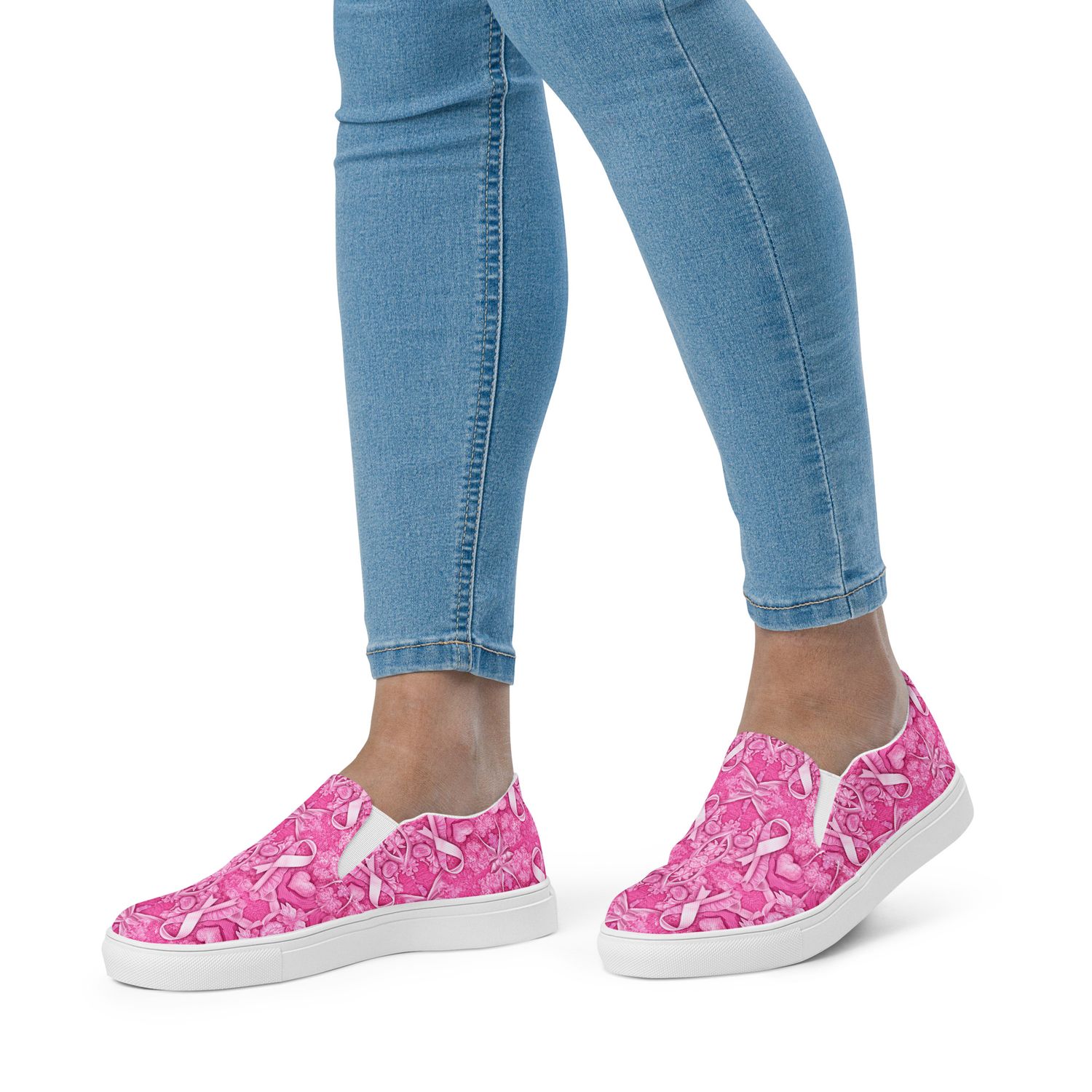 Women’s Breast Cancer Awareness Flowers &amp; Ribbons Casual/Sporty, Comfortable Slide-On Sneakers, Walking Shoes