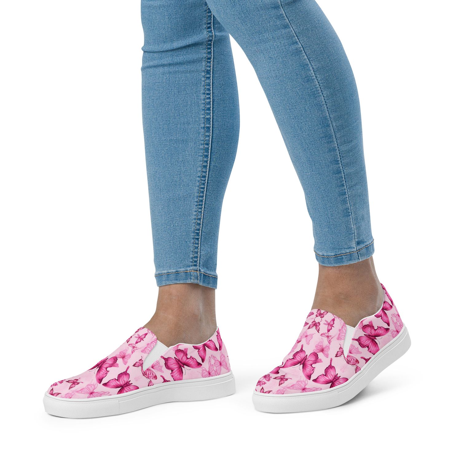 Women’s Breast Cancer Awareness Pink Butterflies Casual/Sporty, Comfortable Slide-On Sneakers, Walking Shoes